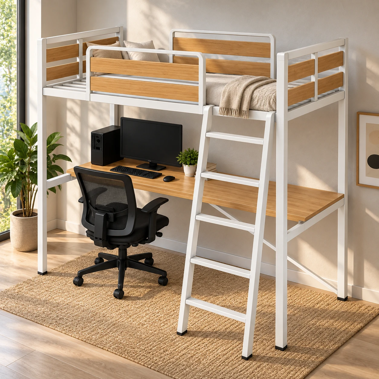 JOSON Smart Space Loft Bed in a bedroom, with a study desk underneath and a ladder